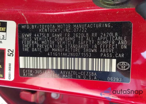 2022 Toyota Camry Se из США, поврежденный, VIN 4T1G11AK2NU071553